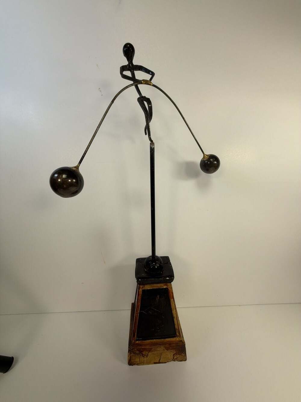 Vintage Brutalist Metal Balancing Kinetic Tightrope Walker Sculpture